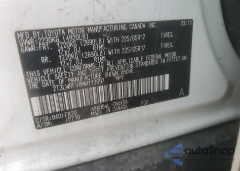 2021 Toyota Rav4 Le z USA, uszkodzony, nr VIN 2T3LWRFV8MW113697